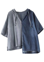 Load image into Gallery viewer, Simple Blue Hooded Asymmetrical Design Patchwork Denim T Shirt Top Summer