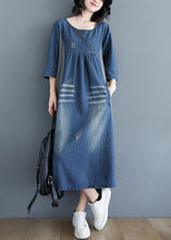 Load image into Gallery viewer, Simple Blue O-Neck Patchwork Wrinkled Denim Long Dress Spring