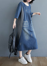 Load image into Gallery viewer, Simple Blue O-Neck Patchwork Wrinkled Denim Long Dress Spring