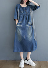 Load image into Gallery viewer, Simple Blue O-Neck Patchwork Wrinkled Denim Long Dress Spring