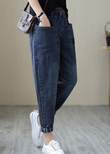 Load image into Gallery viewer, Simple Blue Patchwork Elastic Waist Crop Beam Jeans