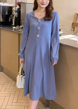 Load image into Gallery viewer, Simple Blue Square Collar Button Spandex Maxi Dress Fall