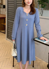 Load image into Gallery viewer, Simple Blue Square Collar Button Spandex Maxi Dress Fall