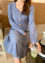 Load image into Gallery viewer, Simple Blue Square Collar Button Spandex Maxi Dress Fall