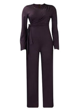 Load image into Gallery viewer, Simple Brown O-Neck Patchwork Tie Waist Solid Spandex Jumpsuits Long Sleeve