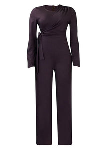 Simple Brown O-Neck Patchwork Tie Waist Solid Spandex Jumpsuits Long Sleeve