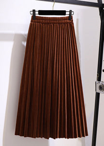 Simple Coffee Elastic Waist Patchwork Velour Pleated Skirt Fall