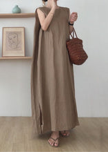 Load image into Gallery viewer, Simple Coffee O Neck Patchwork Cotton Maxi Dress Sleeveless