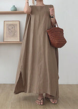 Load image into Gallery viewer, Simple Coffee O Neck Patchwork Cotton Maxi Dress Sleeveless