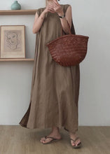 Load image into Gallery viewer, Simple Coffee O Neck Patchwork Cotton Maxi Dress Sleeveless