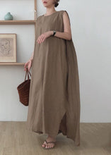 Load image into Gallery viewer, Simple Coffee O Neck Patchwork Cotton Maxi Dress Sleeveless