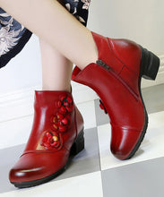 Load image into Gallery viewer, Simple Floral Splicing Cowhide Leather Boots Red Chunky Heel