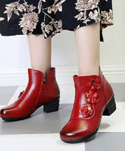 Load image into Gallery viewer, Simple Floral Splicing Cowhide Leather Boots Red Chunky Heel