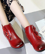 Load image into Gallery viewer, Simple Floral Splicing Cowhide Leather Boots Red Chunky Heel
