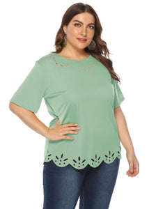 Simple Green O Neck Hollow Out Patchwork Cotton Tops Summer