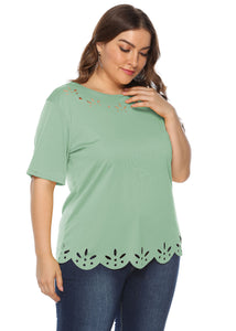 Simple Green O Neck Hollow Out Patchwork Cotton Tops Summer