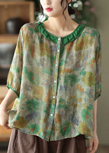 Load image into Gallery viewer, Simple Green O Neck Patchwork Print Linen Shirt Tops Half Sleeve