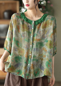 Simple Green O Neck Patchwork Print Linen Shirt Tops Half Sleeve