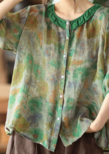 Load image into Gallery viewer, Simple Green O Neck Patchwork Print Linen Shirt Tops Half Sleeve