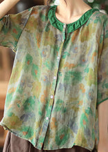 Load image into Gallery viewer, Simple Green O Neck Patchwork Print Linen Shirt Tops Half Sleeve