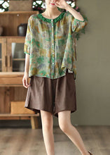 Load image into Gallery viewer, Simple Green O Neck Patchwork Print Linen Shirt Tops Half Sleeve