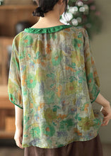 Load image into Gallery viewer, Simple Green O Neck Patchwork Print Linen Shirt Tops Half Sleeve