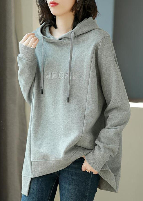 Simple Grey Asymmetrical Graphic Print Drawstring Cotton Sweatshirt Long Sleeve