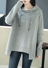 Load image into Gallery viewer, Simple Grey Asymmetrical Graphic Print Drawstring Cotton Sweatshirt Long Sleeve