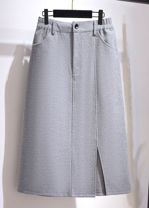 Simple Grey Front Open Pockets Patchwork Woolen Skirts Fall