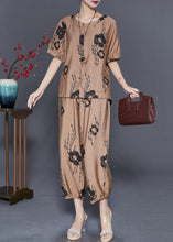 Load image into Gallery viewer, Simple Khaki Oversized Floral Linen 2 Piece Outfit Set Summer