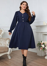 Load image into Gallery viewer, Simple Navy V Neck Ruffled Wrinkled Cotton Dress Flare Sleeve