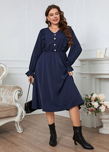 Simple Navy V Neck Ruffled Wrinkled Cotton Dress Flare Sleeve