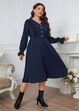 Load image into Gallery viewer, Simple Navy V Neck Ruffled Wrinkled Cotton Dress Flare Sleeve