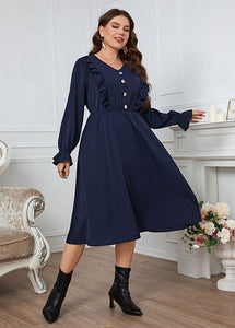 Simple Navy V Neck Ruffled Wrinkled Cotton Dress Flare Sleeve