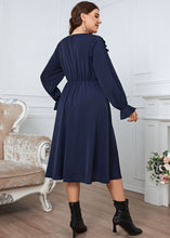 Load image into Gallery viewer, Simple Navy V Neck Ruffled Wrinkled Cotton Dress Flare Sleeve