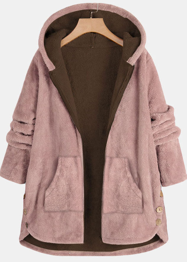 Simple Pink Hooded Pockets Patchwork Warm Fleece Coats Fall