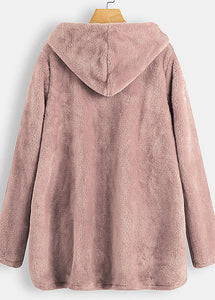 Simple Pink Hooded Pockets Patchwork Warm Fleece Coats Fall