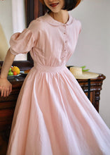 Load image into Gallery viewer, Simple Pink Peter Pan Collar Exra Large Hem Cinched Cotton Dresses Lantern Sleeve