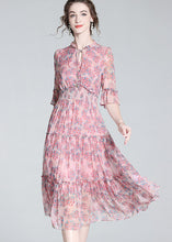 Load image into Gallery viewer, Simple Pink Ruffled Print Patchwork Silk Mid Dress Summer