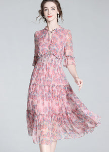 Simple Pink Ruffled Print Patchwork Silk Mid Dress Summer
