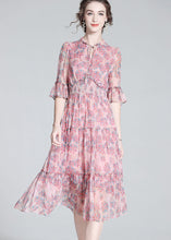Load image into Gallery viewer, Simple Pink Ruffled Print Patchwork Silk Mid Dress Summer