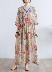 Simple Print V Neck Floral Summer Tie Waist Long Dresses Half Sleeve