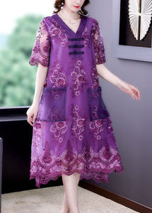 Simple Purple Embroideried Patchwork Lace Long Dresses Summer