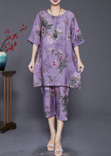 Load image into Gallery viewer, Simple Purple Oversized Print Linen Silk Two Pieces Set Summer