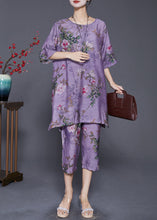 Load image into Gallery viewer, Simple Purple Oversized Print Linen Silk Two Pieces Set Summer