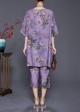 Load image into Gallery viewer, Simple Purple Oversized Print Linen Silk Two Pieces Set Summer