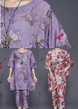 Load image into Gallery viewer, Simple Purple Oversized Print Linen Silk Two Pieces Set Summer