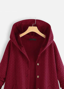 Simple Red Hooded Button Low High Design Patchwork Thick Coats Fall