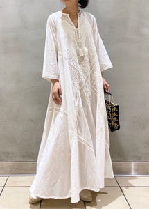 Simple White Embroideried Hollow Out Cotton Long Dresses Spring