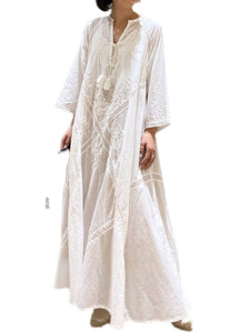 Simple White Embroideried Hollow Out Cotton Long Dresses Spring